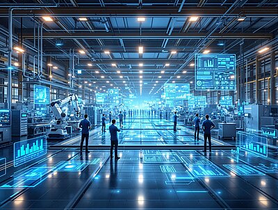 Eine moderne Produktionsstätte mit mehreren Personen, die Maschinen und digitale Displays überwachen. Künstliche Intelligenz und Automatisierung sind sichtbar, während hochentwickelte Roboter eingesetzt werden. Die Atmosphäre vermittelt Innovation und Technologie im industriellen Umfeld.