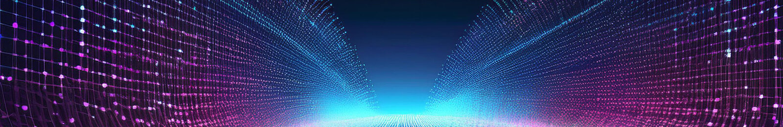 Eine digitale Landschaft mit leuchtenden Linien in Blau und Lila, die sich von der Bildmitte zu den Rändern erstrecken. Diese Linien wirken wie Datenströme, die Tiefe und Bewegung vermitteln, und verstärken den Eindruck von Technologie und futuristischer Perspektive.