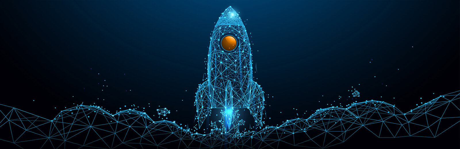 Eine grafische Darstellung einer raketenförmigen Struktur aus blauen, leuchtenden Linien und Punkten vor einem dunklen Hintergrund. Die Rakete wirkt futuristisch und ist von einem funkelnden Effekt umgeben, der an Auftrieb und Bewegung erinnert.