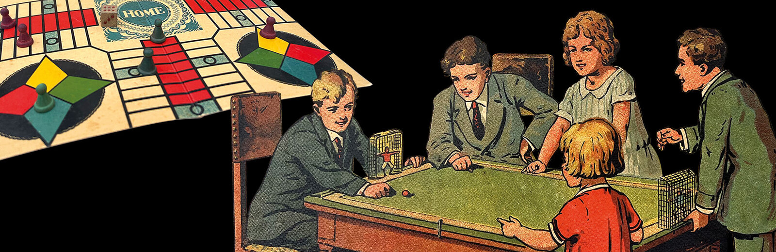 Eine Gruppe von fünf Kindern sitzt um einen Tisch und spielt ein Brettspiel. Auf dem Tisch liegt ein Spielbrett mit farbigen Spielfiguren in Rot, Gelb, Grün und Blau. Die Kinder wirken gespannt und fröhlich während sie gemeinsam spielen.