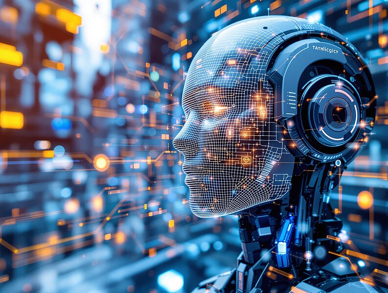 Ein humanoider Roboterkopf mit digitalem, gitterartigem Muster und einem futuristischen Headset. Der Hintergrund zeigt abstrakte digitale Daten und Lichter, die fortschrittliche Technologie darstellen. Der Fokus liegt auf dem Gesicht des Roboters und seiner künstlichen Intelligenz.