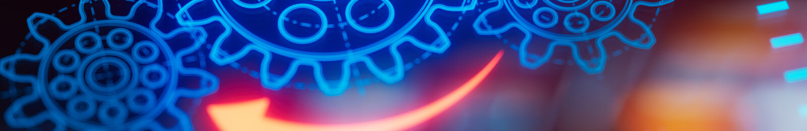 Das Bild zeigt zwei große, neonblaue Zahnrad-Symbole, die Technik und Innovation symbolisieren. Im Hintergrund sind verschwommene, orangefarbene Lichteffekte zu sehen. Es vermittelt ein Gefühl von Fortschritt und Bewegung in einem digitalen Kontext.