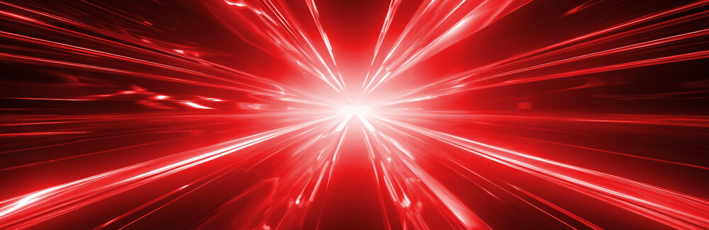 Ein leuchtender, roter Lichtstrahl strahlt aus der Bildmitte und zieht in Richtung des Betrachters. Der Hintergrund ist dunkel, während sich helle, strahlende Linien in verschiedenen Richtungen ausbreiten und eine dynamische, energiegeladene Atmosphäre erzeugen.