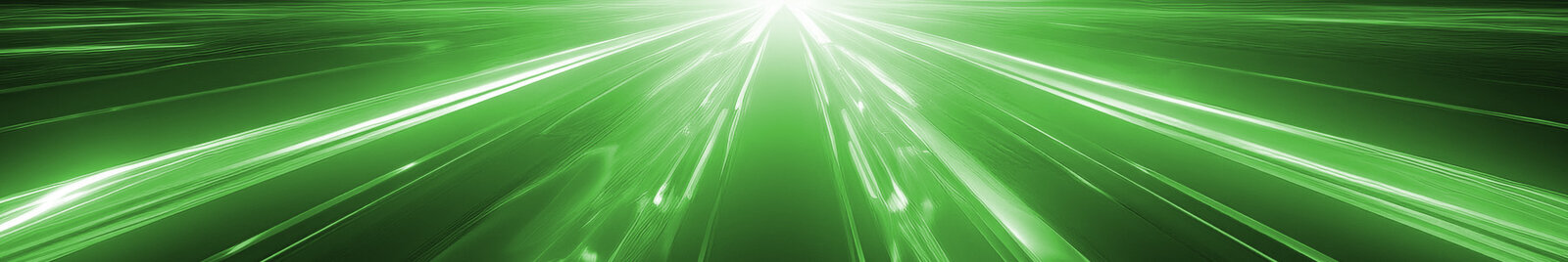 Ein grünes, strahlendes Licht breitet sich diagonal über den Bildhorizont aus, erzeugt einen Eindruck von Geschwindigkeit und Bewegung. Die Lichtstrahlen sind dynamisch und verlaufen parallel, was eine futuristische Atmosphäre vermittelt.