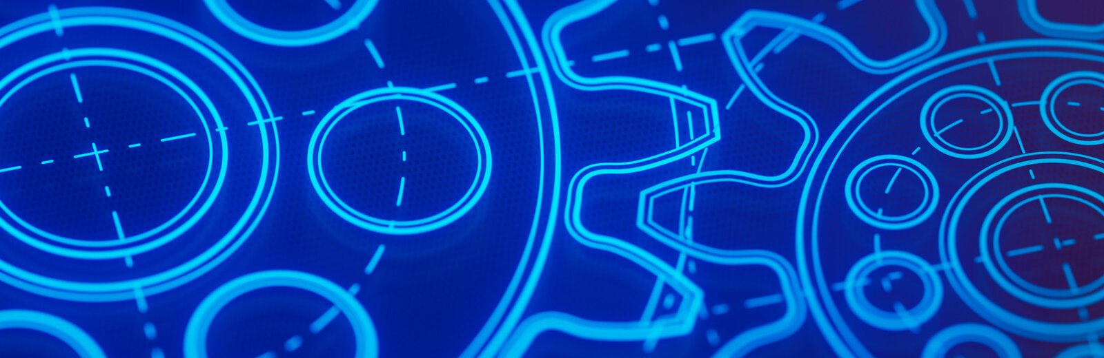 Eine Nahaufnahme von blauen technischen Zahnrädern und Kreisen auf einem dunklen Hintergrund. Die geometrischen Formen sind leuchtend und schematisch dargestellt, was einen futuristischen und technologiebezogenen Eindruck vermittelt.