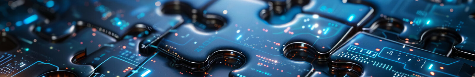 Eine Nahaufnahme von Teilen eines Puzzles mit einem futuristischen, technologischen Design. Die Oberfläche ist glänzend und zeigt leuchtende digitale Muster und Linien, die eine moderne, digitale Welt symbolisieren.