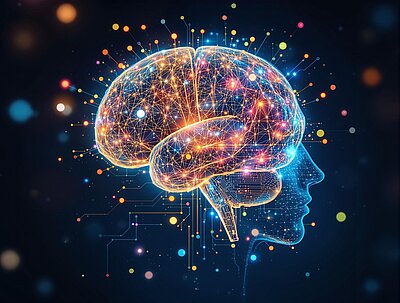 Das Bild zeigt ein leuchtendes, abstraktes Gehirn, das mit einem Kopf im Profil verbunden ist. Bunte, leuchtende Punkte und Linien umgeben das Gehirn und symbolisieren Wissen und technologische Vernetzung auf einem dunklen Hintergrund.