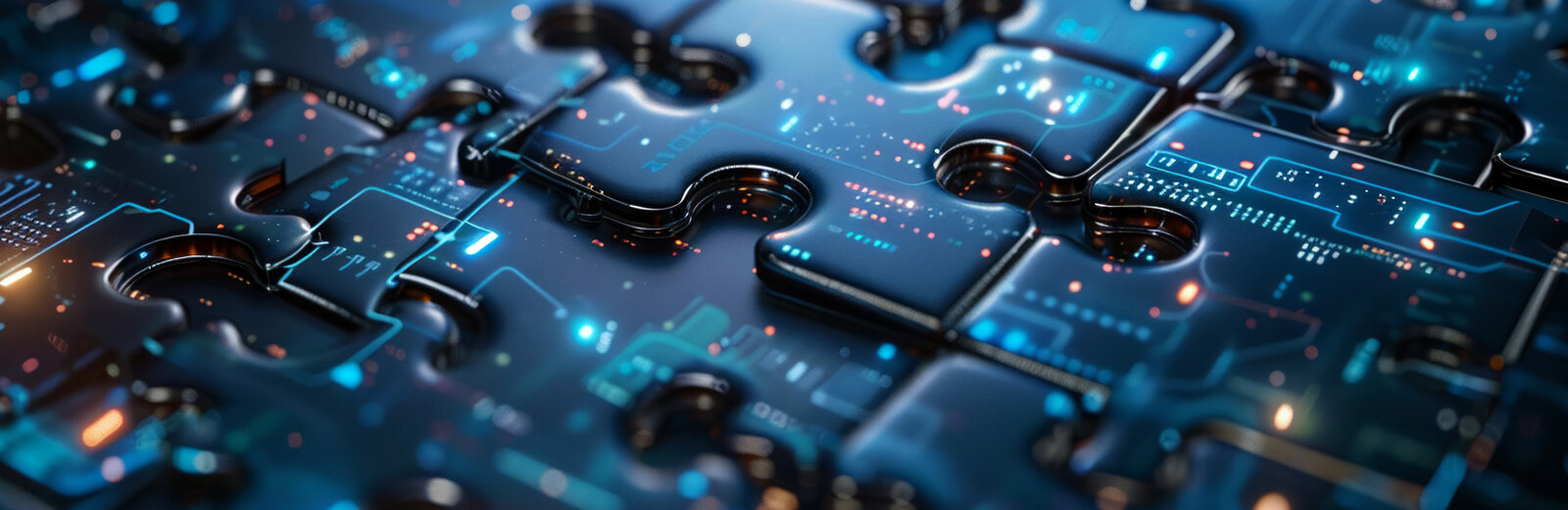 Ein Puzzle aus leuchtend blauen und schwarzen Teilen, das technische und digitale Elemente zeigt. Die Oberfläche ist mit schimmernden Linien und Punkten verziert, die an Schaltkreise erinnern. Das Bild vermittelt ein Gefühl von Komplexität und Vernetzung in einer modernen technologischen Umgebung.