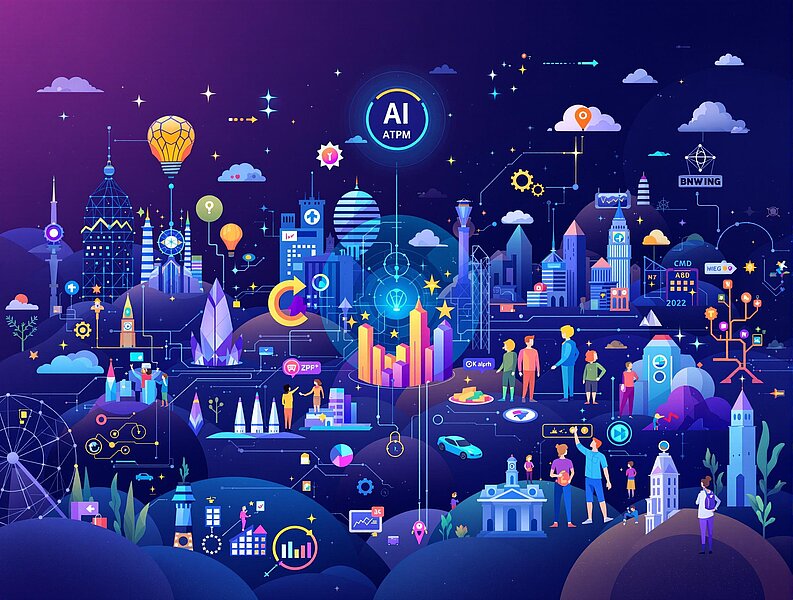 Eine kreative Darstellung einer Stadtlandschaft mit verschiedenen Gebäuden, Menschen, Grafiken und Symbolen, die Technologien wie künstliche Intelligenz und Datenanalyse darstellen. Es sind zahlreiche Aktivitäten und Interaktionen zwischen den Figuren zu sehen, die Fortschritt und Innovation symbolisieren.