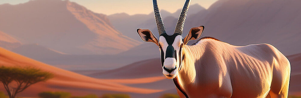 Ein Oryx steht in einer Wüstenlandschaft mit sanften Hügeln und Bergen im Hintergrund. Das Tier hat auffällige, lange Hörner und ein helles, glänzendes Fell. Die Wüste vermittelt ein warmes, goldenes Licht und zeigt eine ruhige, natürliche Umgebung.
