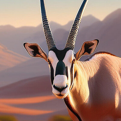Ein Oryx schaut direkt in die Kamera. Seine markanten langen Hörner und das gestreifte Gesicht sind gut zu erkennen. Im Hintergrund sind sanfte, verschwommene Hügel und eine warme, orangefarbene Landschaft sichtbar.