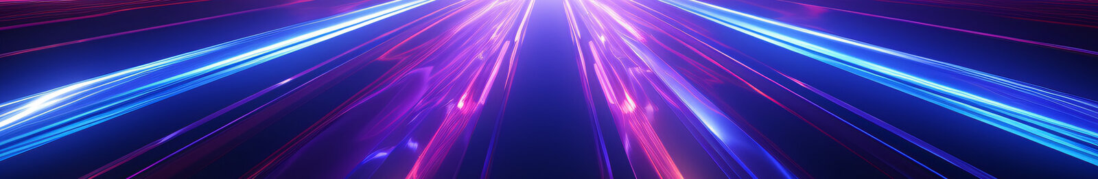 Ein abstraktes Bild zeigt leuchtende, dynamische Lichtstrahlen in Blau und Lila, die sich aus einer zentralen Quelle in verschiedene Richtungen ausbreiten. Der Hintergrund ist dunkel, was den Kontrast der Farben verstärkt und eine aufregende, futuristische Atmosphäre schafft.