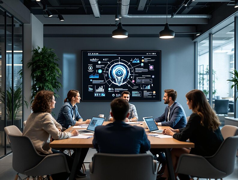 Eine Gruppe von sieben Personen sitzt an einem Tisch in einem modernen Besprechungsraum. Auf einem großen Bildschirm im Hintergrund sind Grafiken und Diagramme zu sehen, die Daten und Analysen darstellen. Die Teilnehmer sind in angeregter Diskussion vertieft.